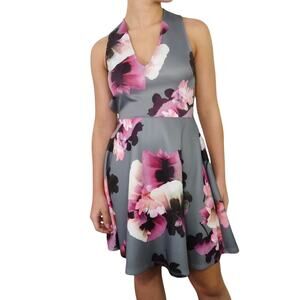 Charlotte Russe Purple Floral Plunge Neck Open Back Mini Cocktail Dress Small